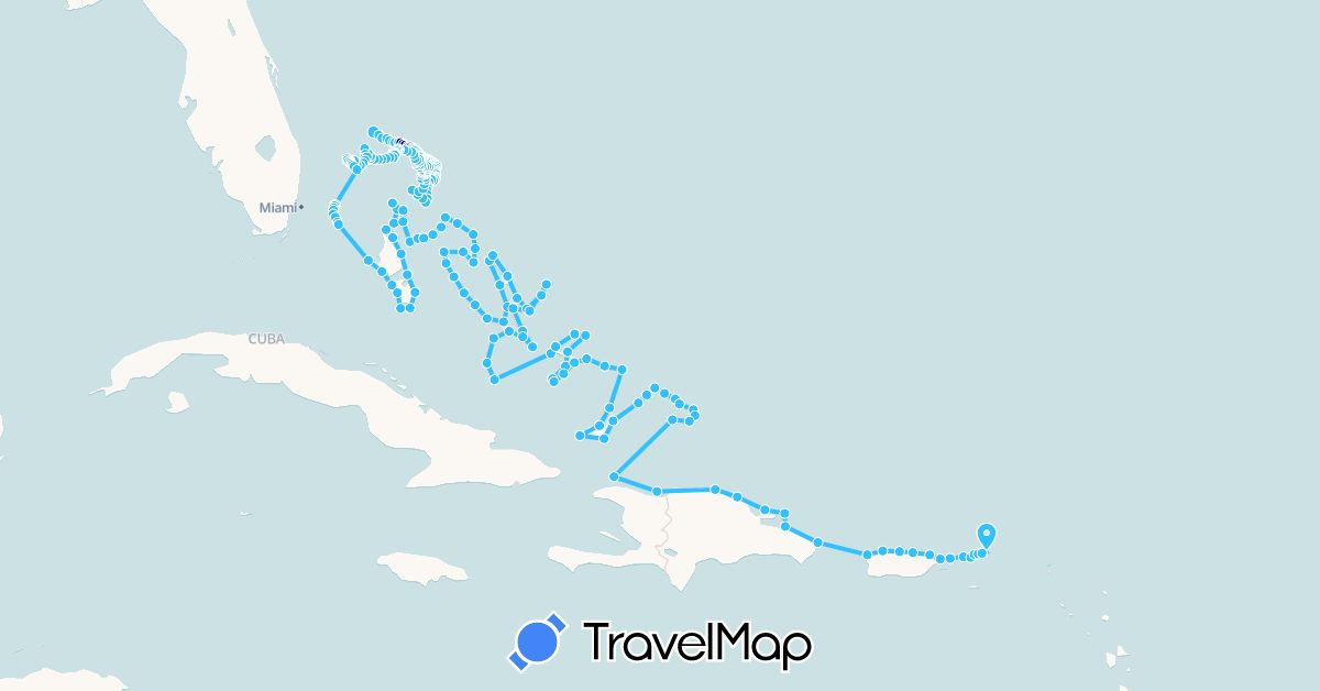 TravelMap itinerary: driving, boat in Bahamas, Dominican Republic, Haiti, Turks and Caicos Islands, United States, British Virgin Islands (North America)